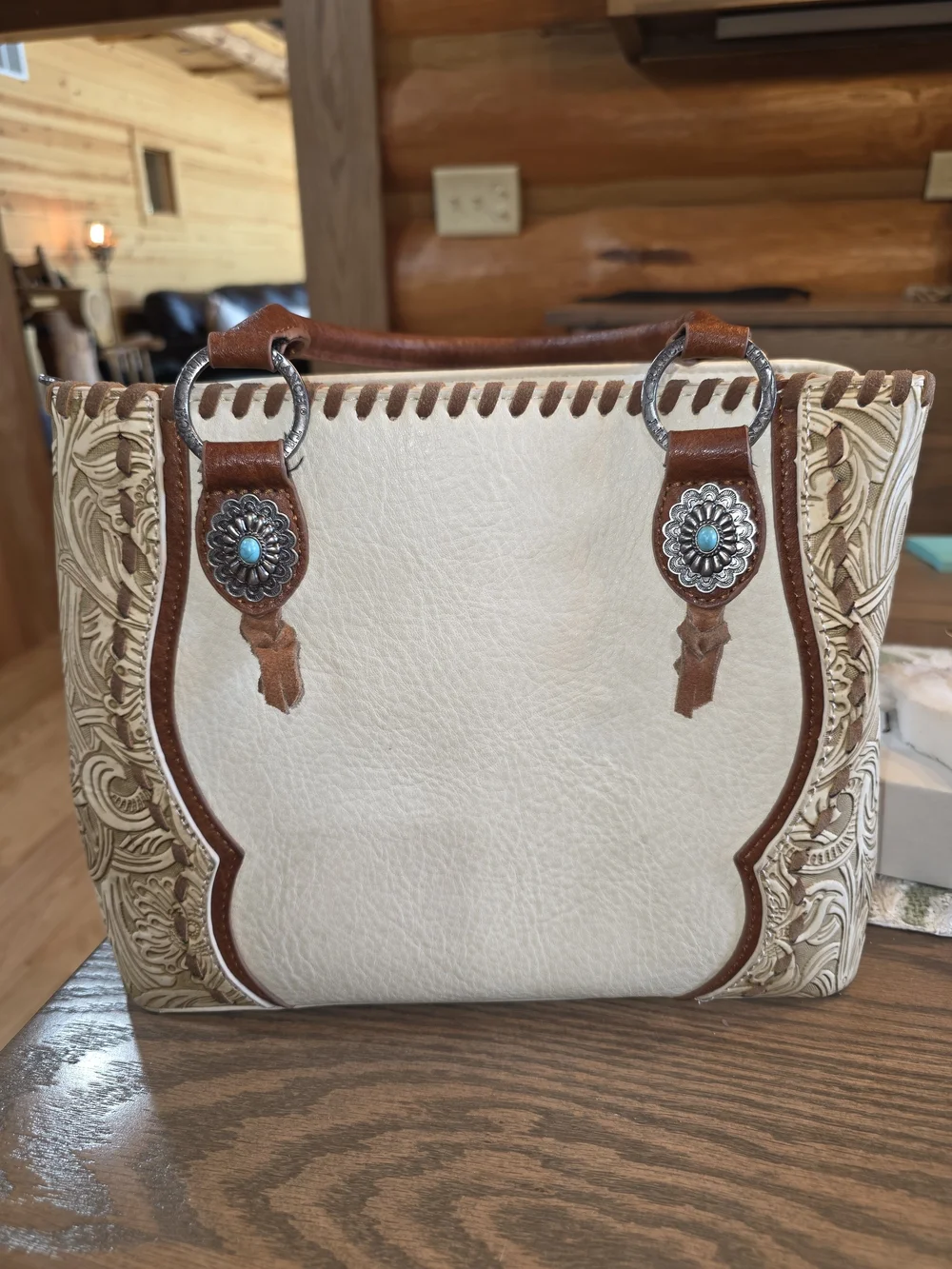 Western Tooled Leather Trinity Ranch Cream and Brown Women’s Satchel Handbag